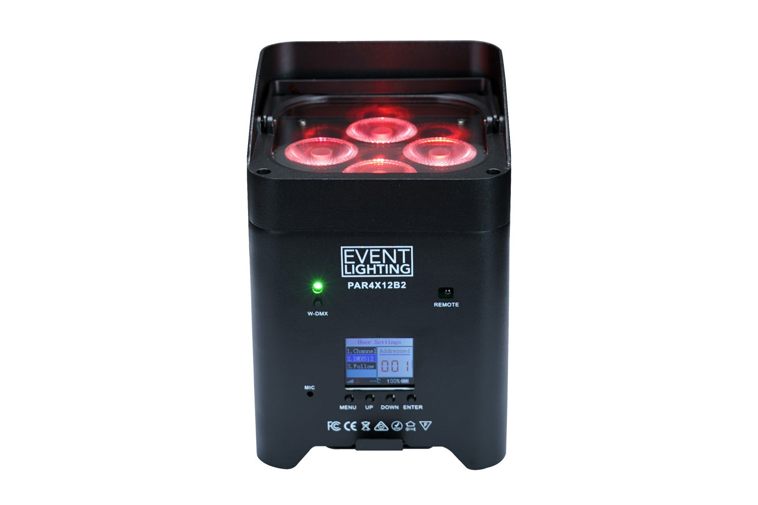 Event Lighting PAR4X12B2 - Battery Uplight 4x12W RGBWAUV LEDs, Wireless DMX & IR Remote
