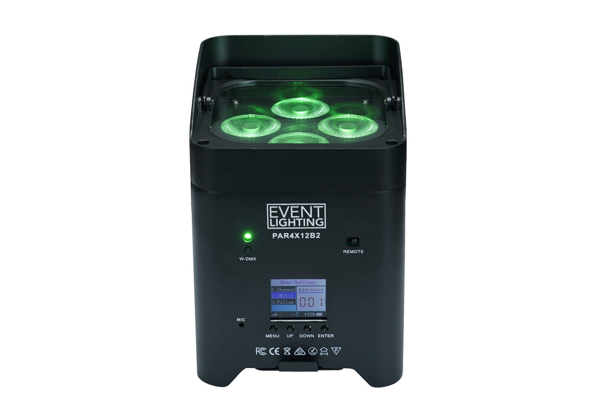 Event Lighting PAR4X12B2 - Battery Uplight 4x12W RGBWAUV LEDs, Wireless DMX & IR Remote