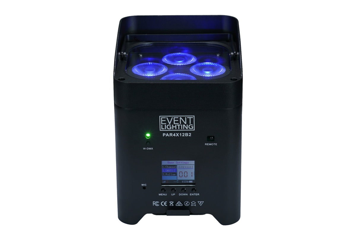 Event Lighting PAR4X12B2 - Battery Uplight 4x12W RGBWAUV LEDs, Wireless DMX & IR Remote