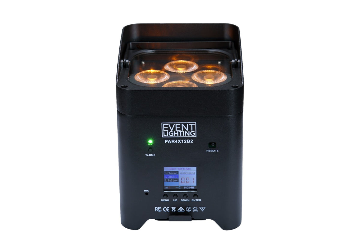 Event Lighting PAR4X12B2 - Battery Uplight 4x12W RGBWAUV LEDs, Wireless DMX & IR Remote