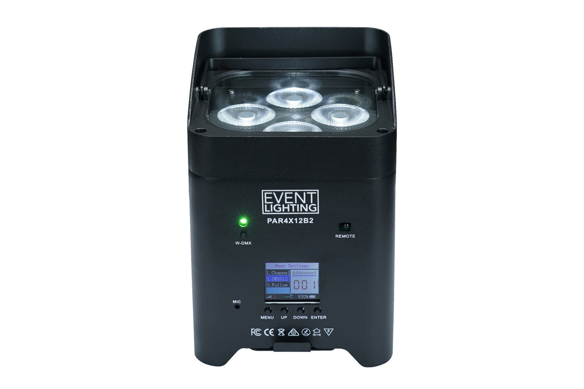 Event Lighting PAR4X12B2 - Battery Uplight 4x12W RGBWAUV LEDs, Wireless DMX & IR Remote