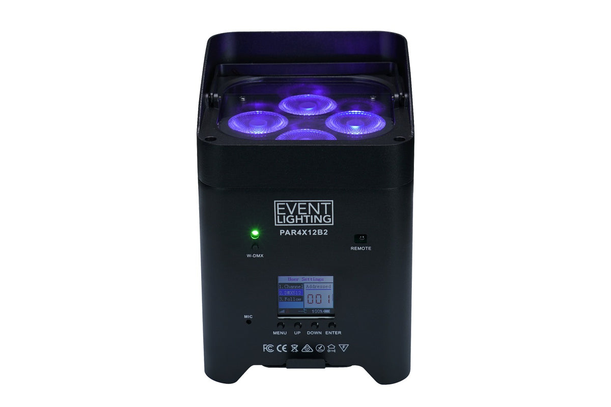 Event Lighting PAR4X12B2 - Battery Uplight 4x12W RGBWAUV LEDs, Wireless DMX & IR Remote