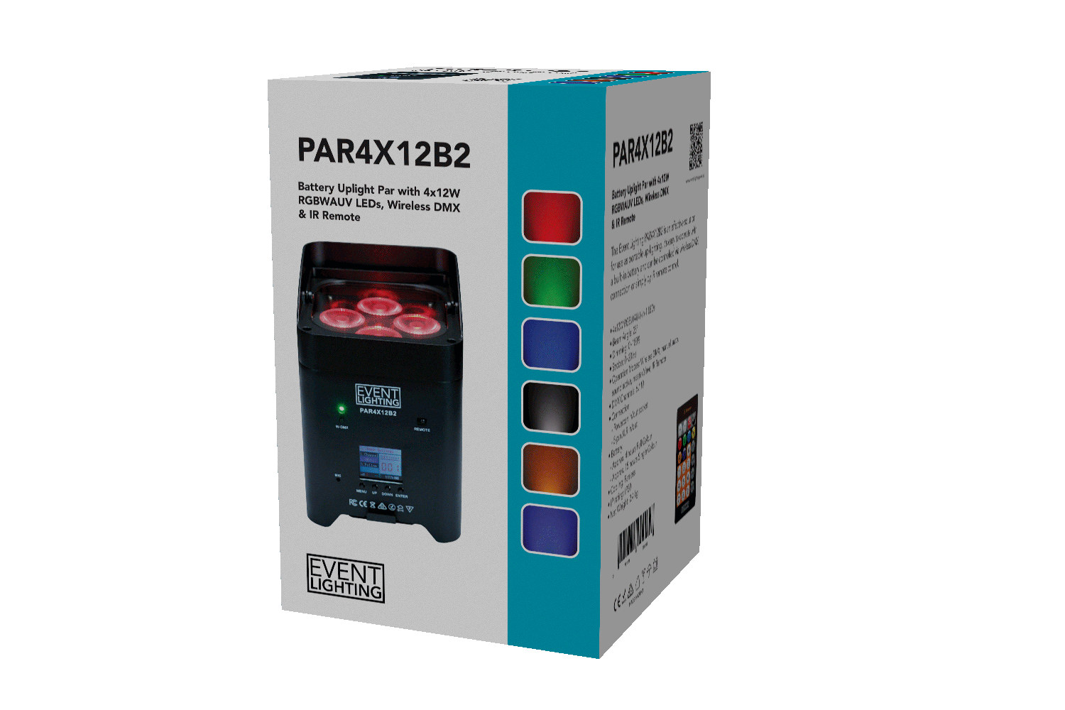 Event Lighting PAR4X12B2 - Battery Uplight 4x12W RGBWAUV LEDs, Wireless DMX & IR Remote