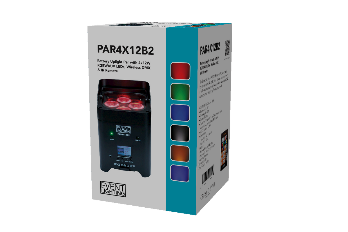 Event Lighting PAR4X12B2 - Battery Uplight 4x12W RGBWAUV LEDs, Wireless DMX & IR Remote