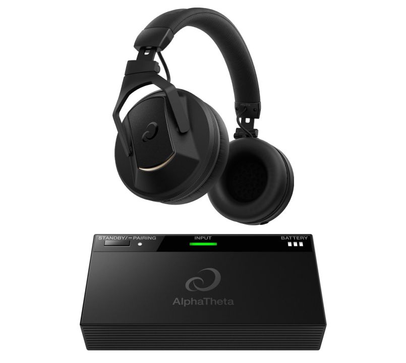 Black headphones and receiver with AlphaTheta logo on a white background