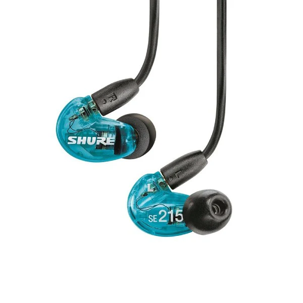 Shure SE215 earphones with blue casings on a white background