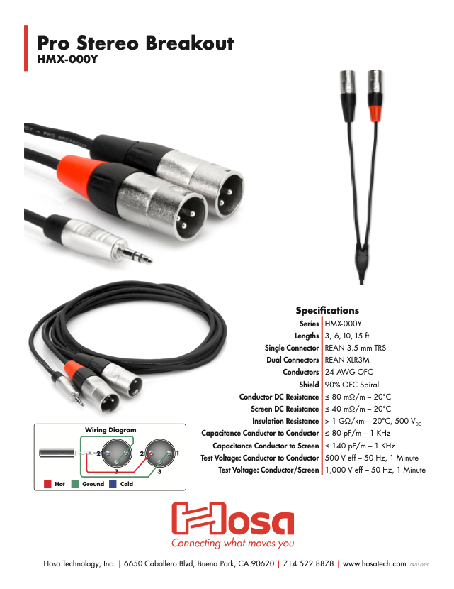 Hosa Rean 3.5 mm TRS to Dual XLR3M Pro Stereo Breakout Cable, 3 Ft / 91.44cm