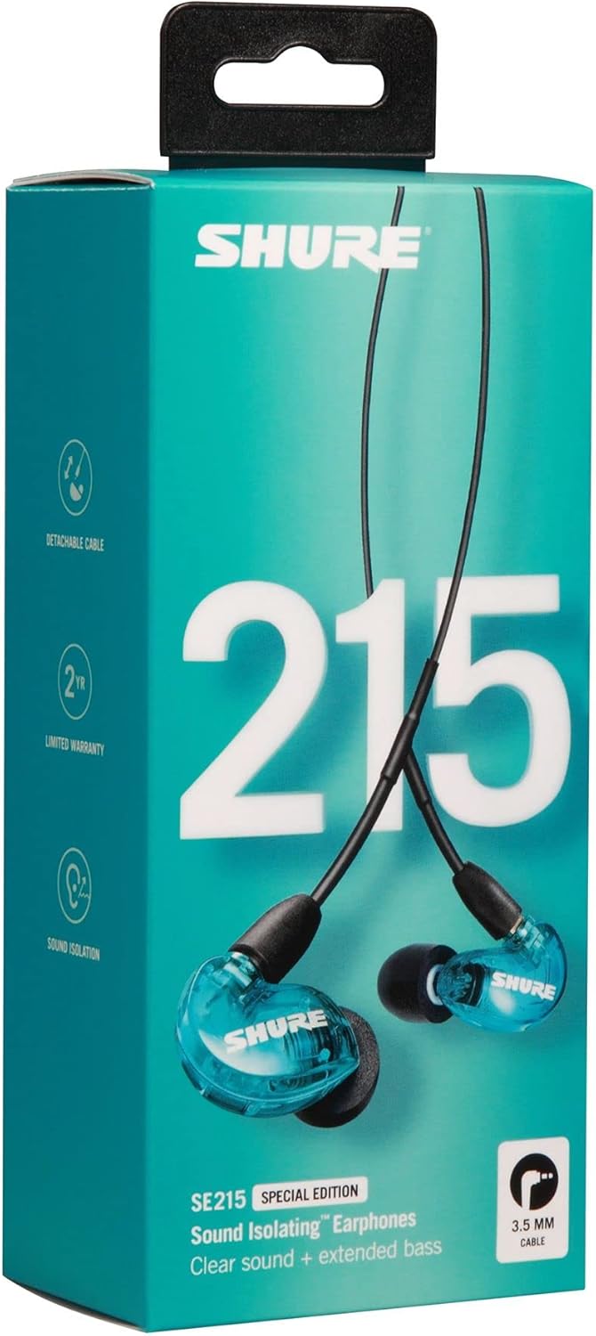 Shure SE215 earphones packaging with blue earphones and black cable on a teal background.