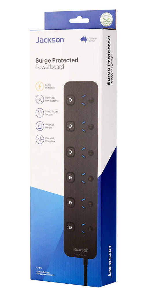 Jackson PT1816 6-Way Surge Protected Power Board – Individual Switches, 1m Lead